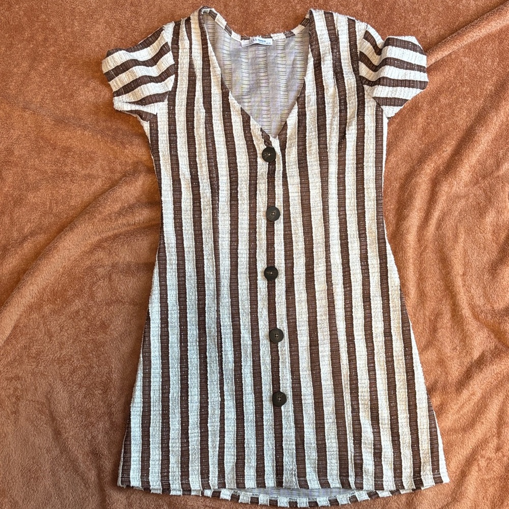 Zara Brown and White Striped Button-Front Women’s Dress